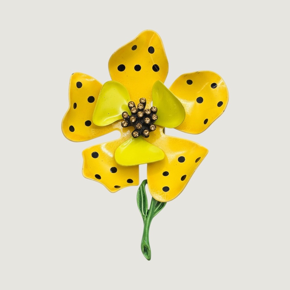 Vintage Hedy Yellow Polka Dot Enamel Flower Brooch Rhinestone Mod Pop Art 60s